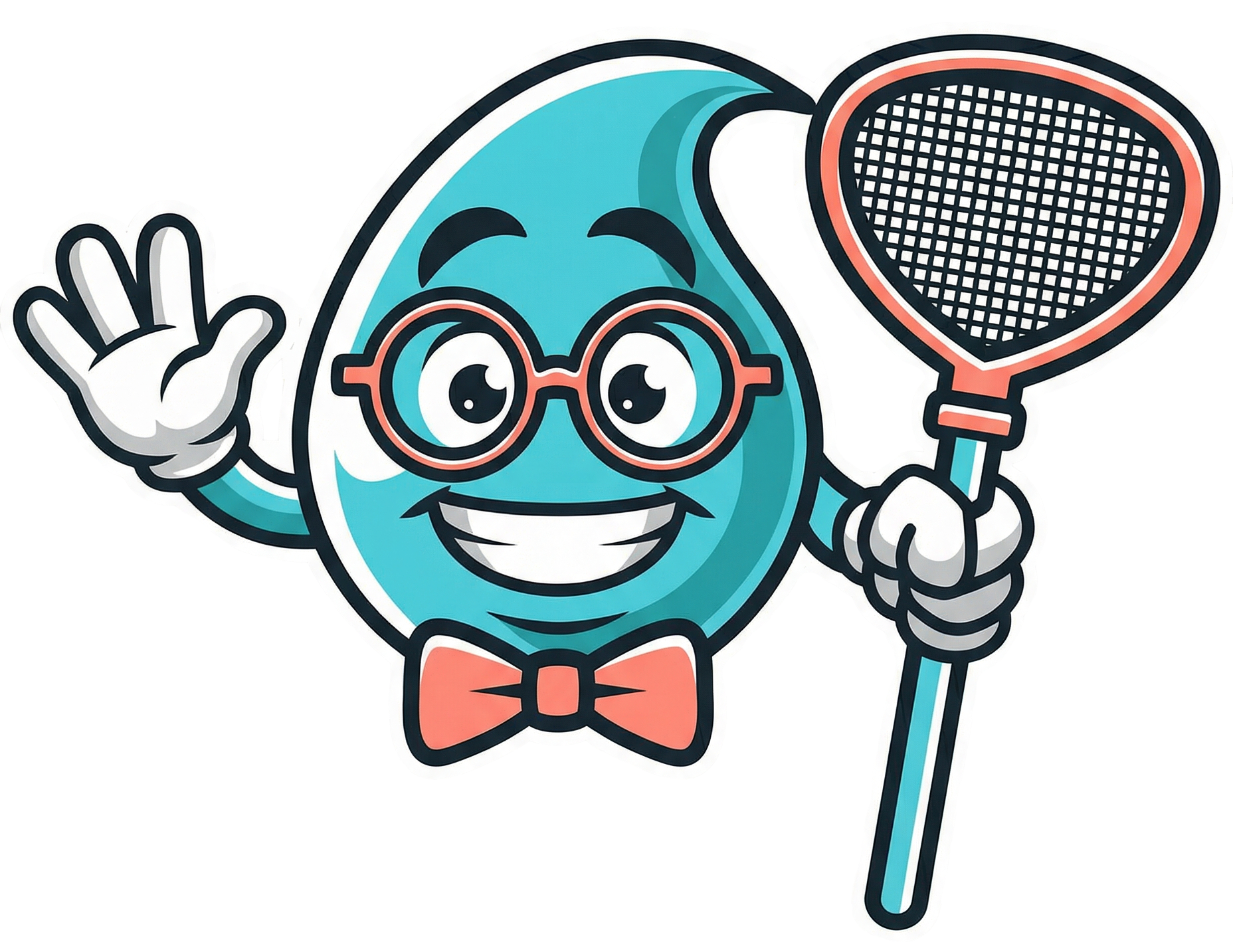Cartoon water droplet with glasses, bow tie, and fly swatter waving.
