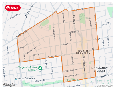 Map of North Berkeley and Normandy Village outlined in orange, with streets and labels visible.
