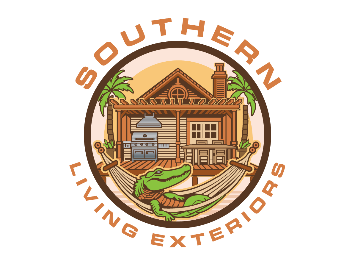 Logo for Southern Living Exteriors showing a rustic house, green frog, and circular brown-orange text