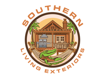 Logo for Southern Living Exteriors showing a rustic house, green frog, and circular brown-orange text