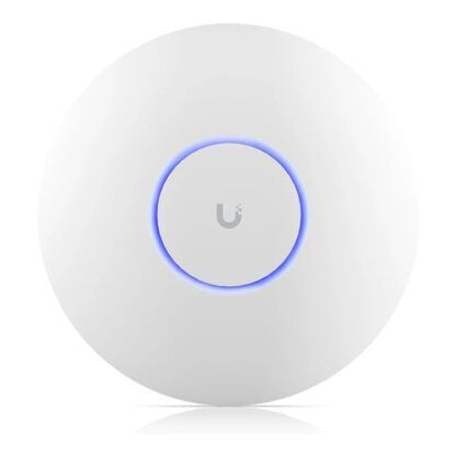 A white circle with a blue circle in the middle on a white background.