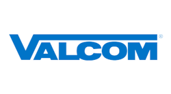 A blue and white logo for valcom on a white background.