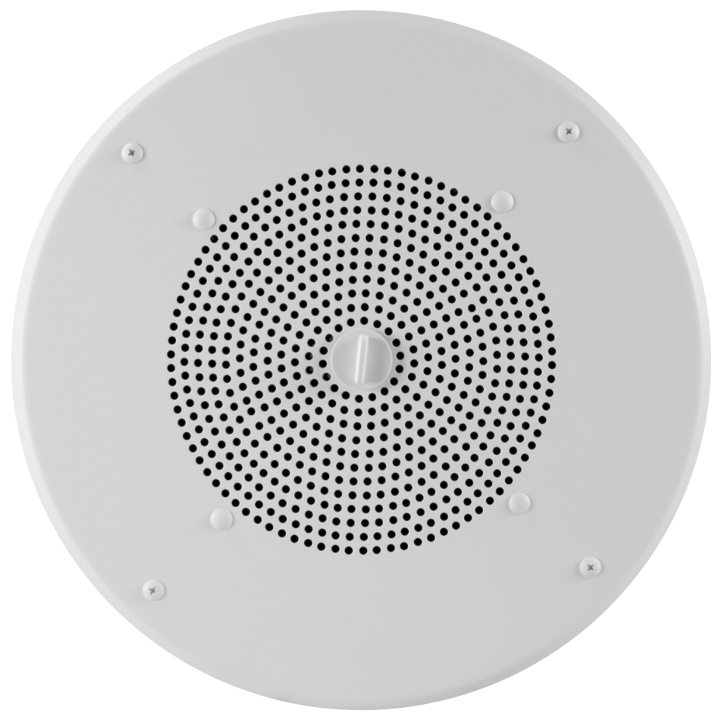 A white speaker with holes in it is sitting on a white surface.