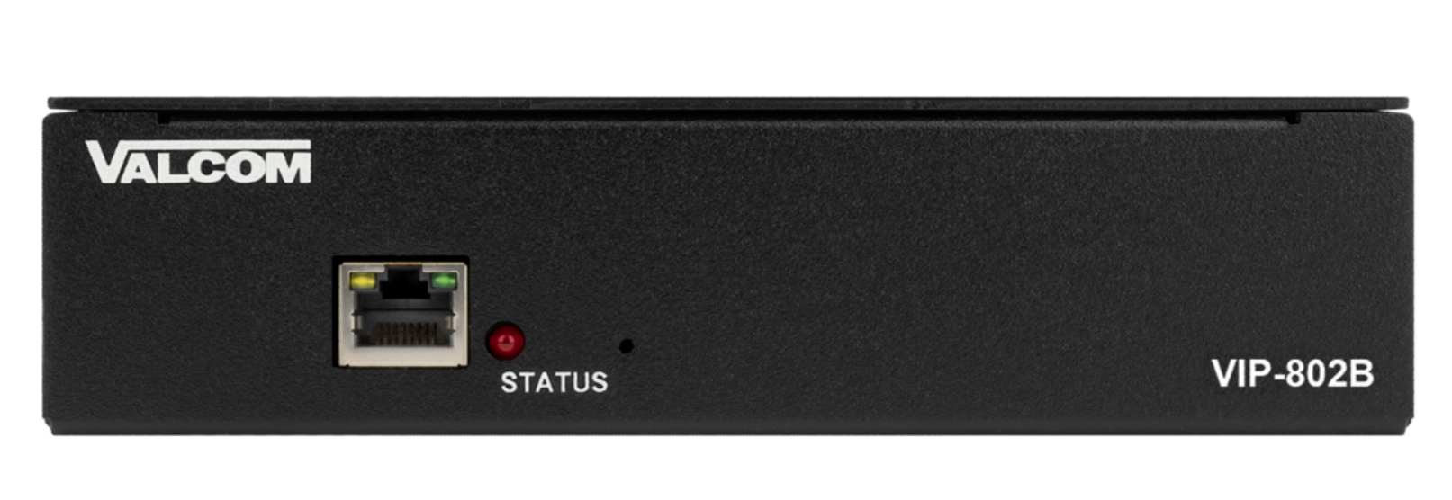 A black valcom device with a red status light