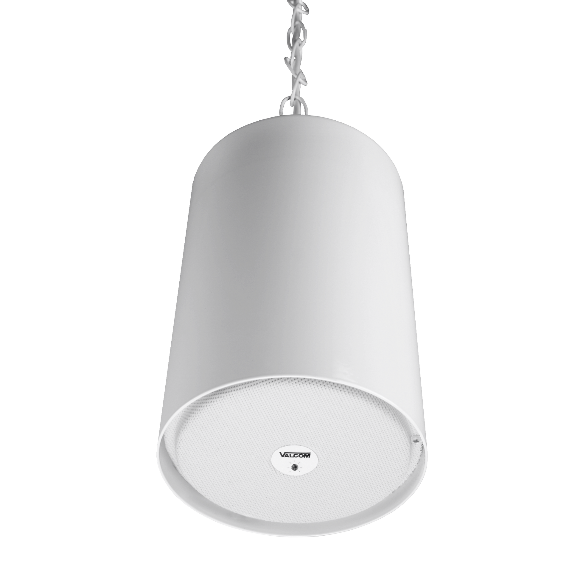 A white cylinder hanging from a chain with a speaker inside