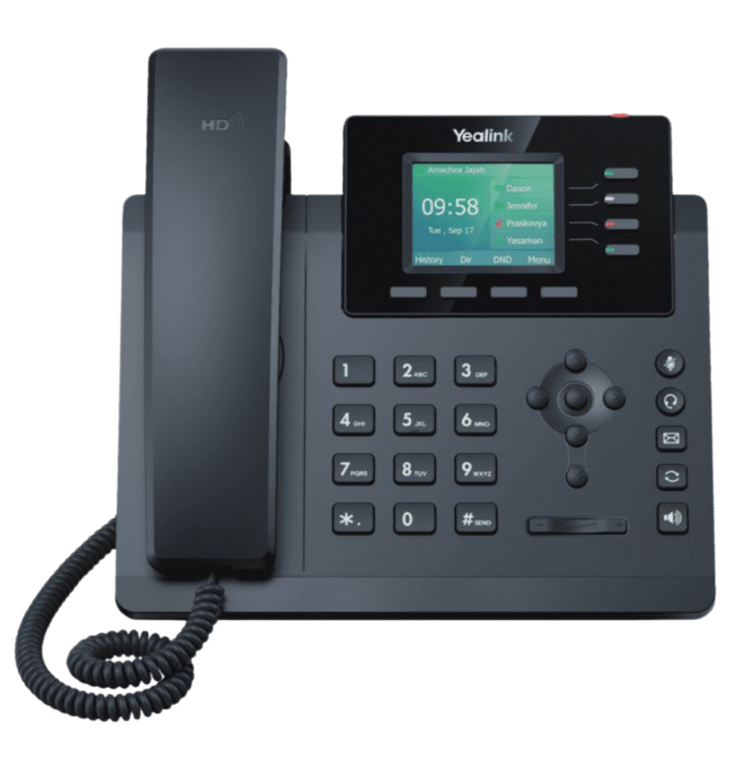 A black yealink phone with a green screen