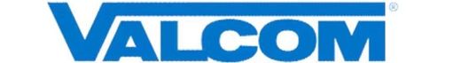 A blue valcom logo on a white background