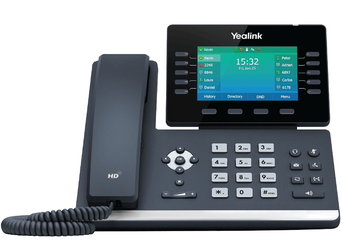 A yealink ip phone with a large screen on a white background.