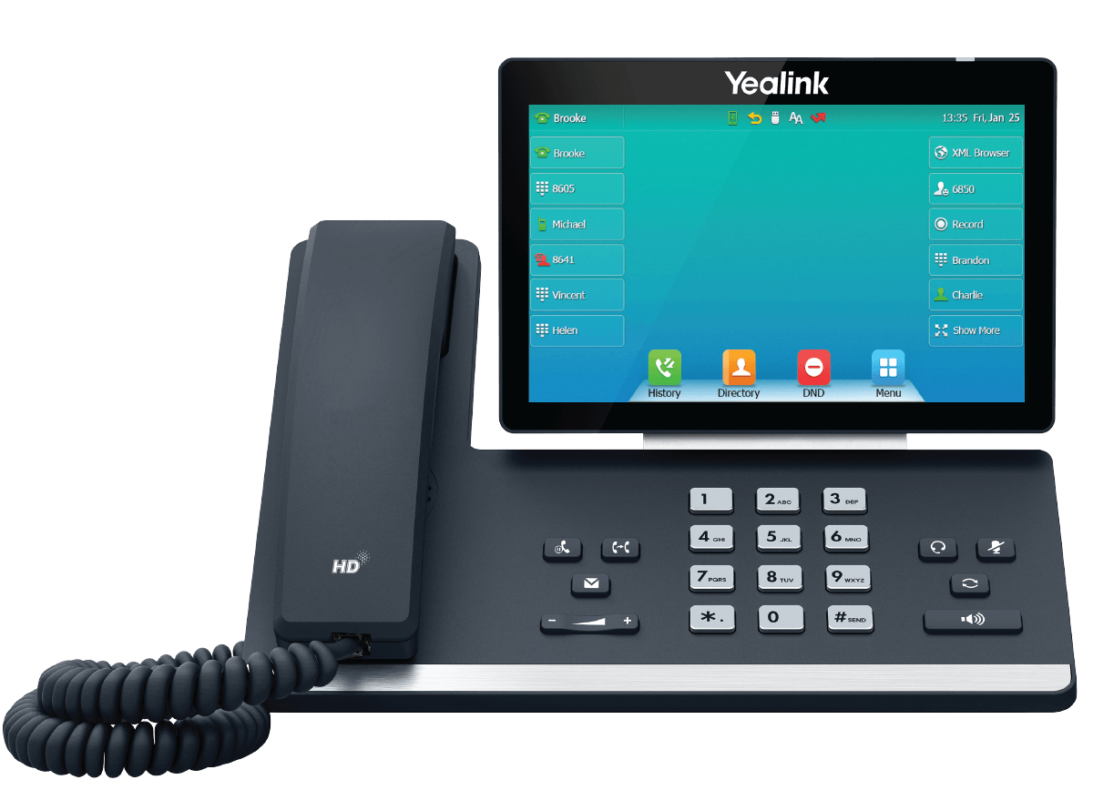 A yealink phone with a tablet on top of it.
