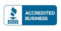 BBB Accredited Business logo in blue and white with torch icon