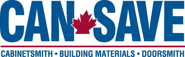 Can-Save logo with blue text, red maple leaf, and tagline for cabinets, building materials, and doorsmithing