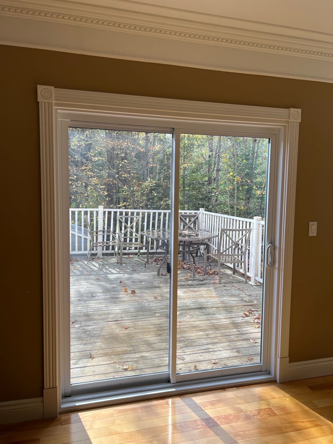 Sliding glass door to a sunlit deck with white railing and trees beyond, sunlight on hardwood floor