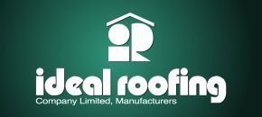 Ideal Roofing logo on dark green background, with white house-roof icon and company name text