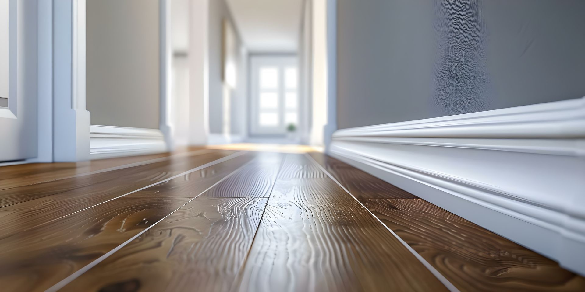 Low-angle view of a polished hardwood hallway with white trim and bright light at the far end