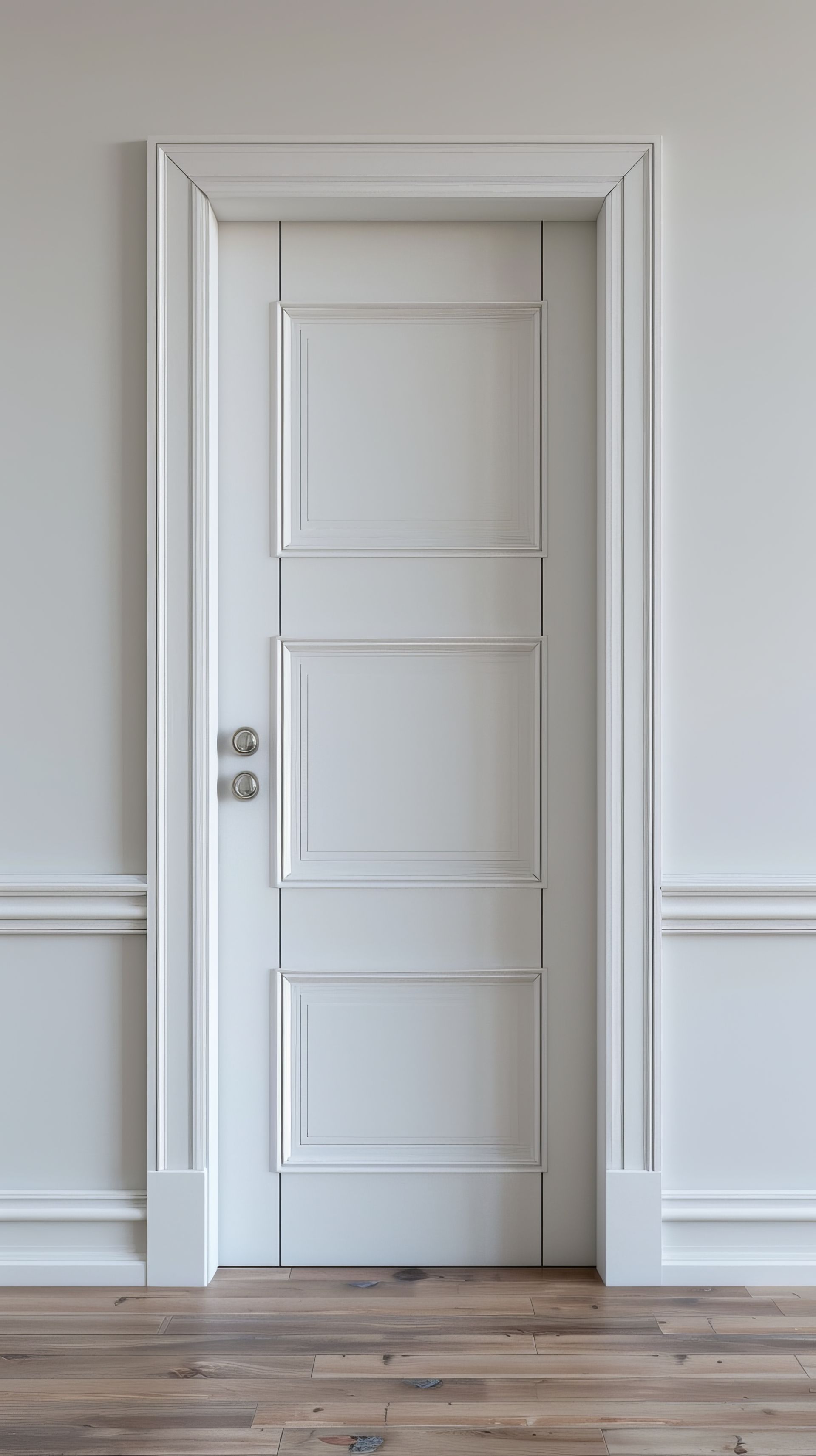 White paneled door in a light gray room with white trim and hardwood floor, slightly open.