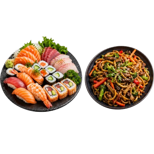 Plates of assorted sushi and stir-fried noodles on a white background
