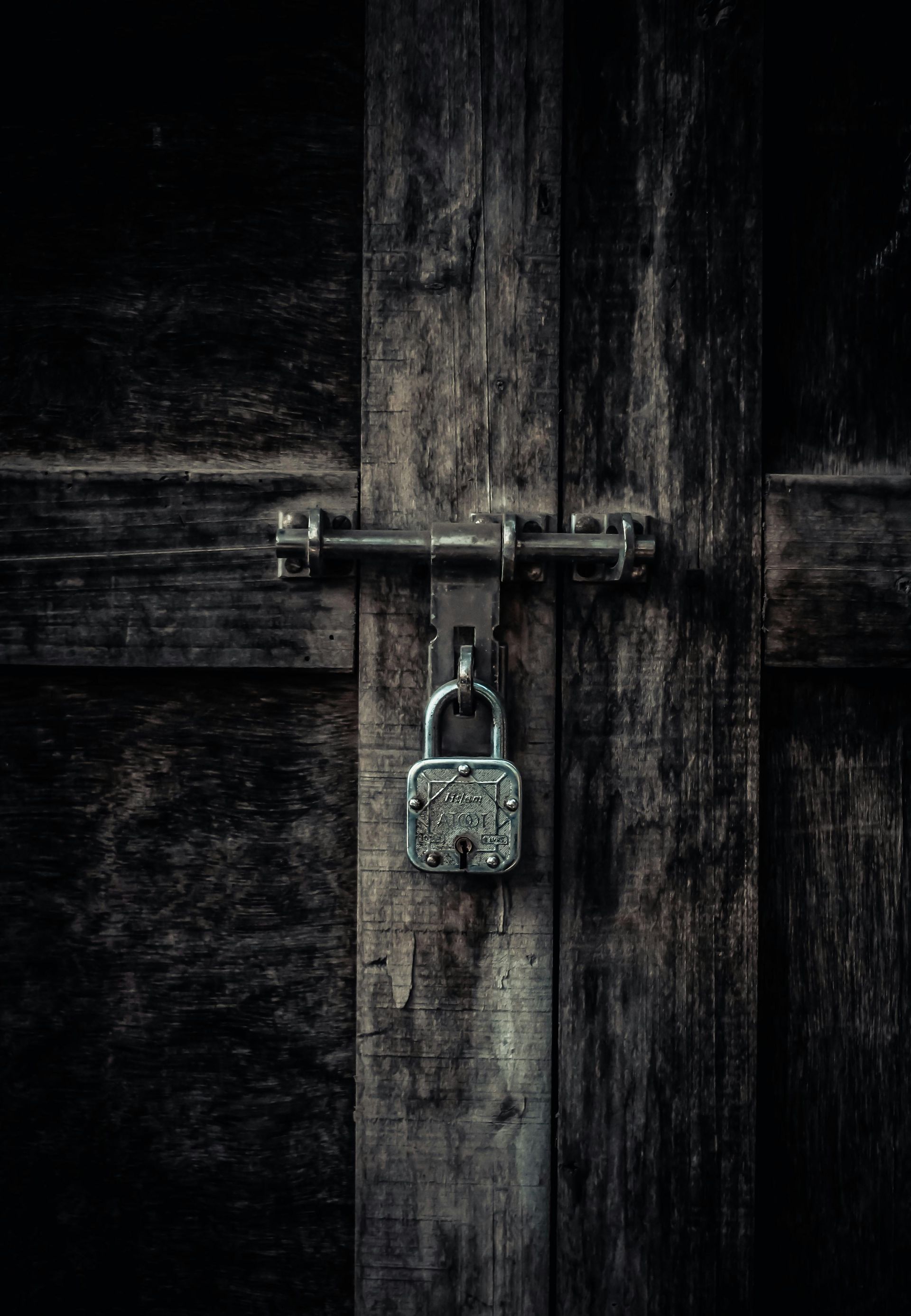 A padlock is hanging on a wooden door.