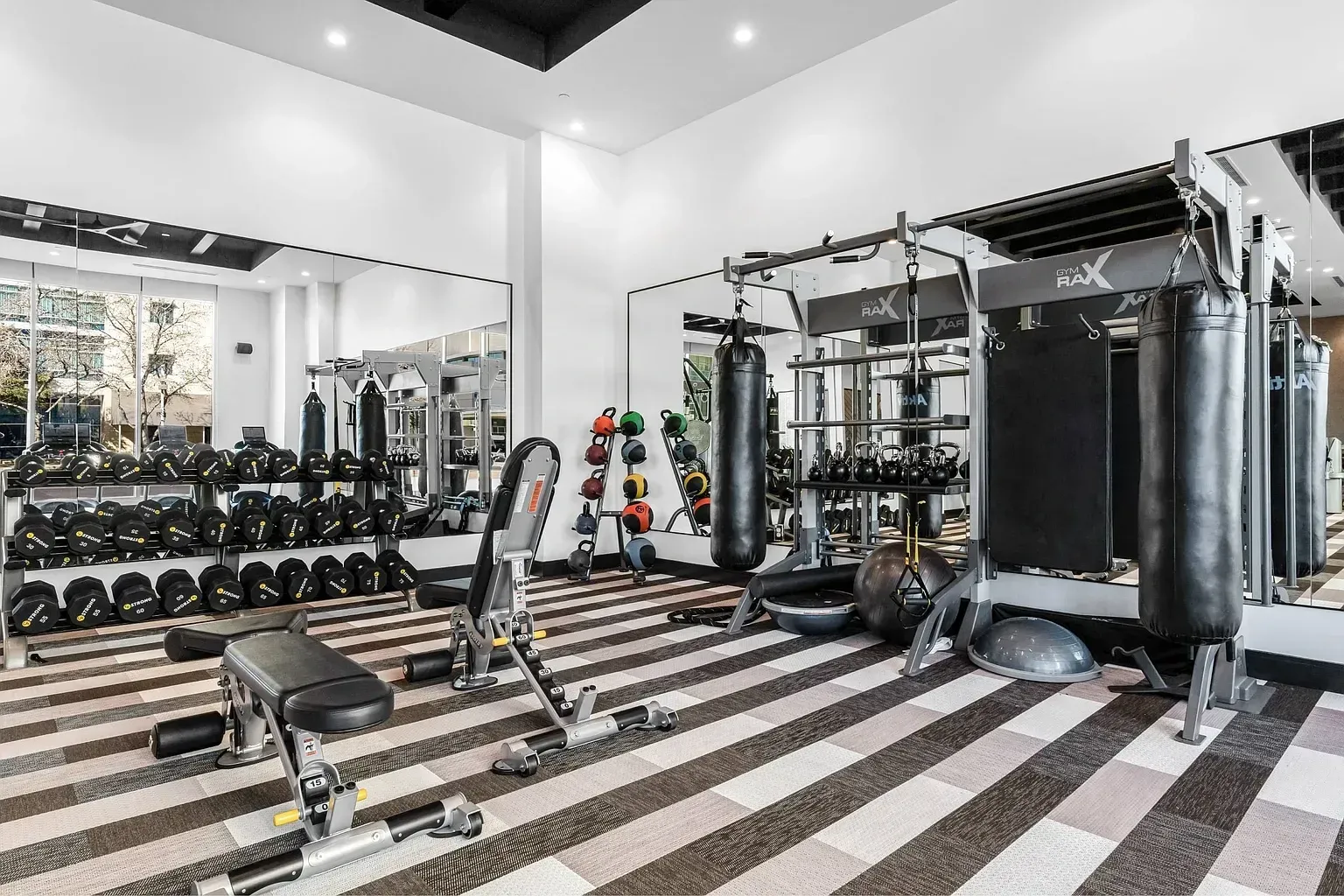 Well-equipped fitness center with dumbbells, punching bags, and workout machines.