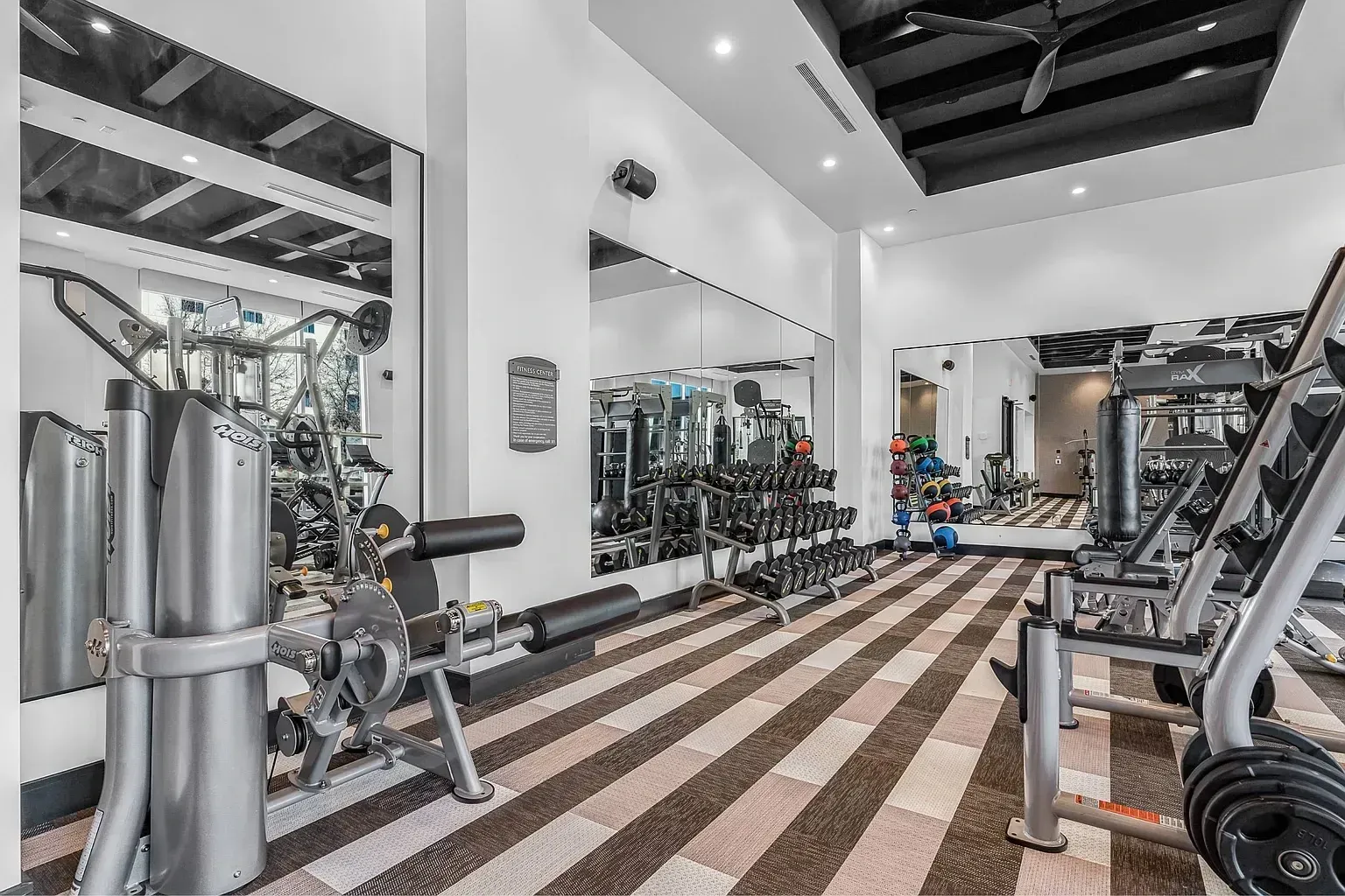 Modern apartment gym with weight machines, dumbbells, kettlebells, and a punching bag.