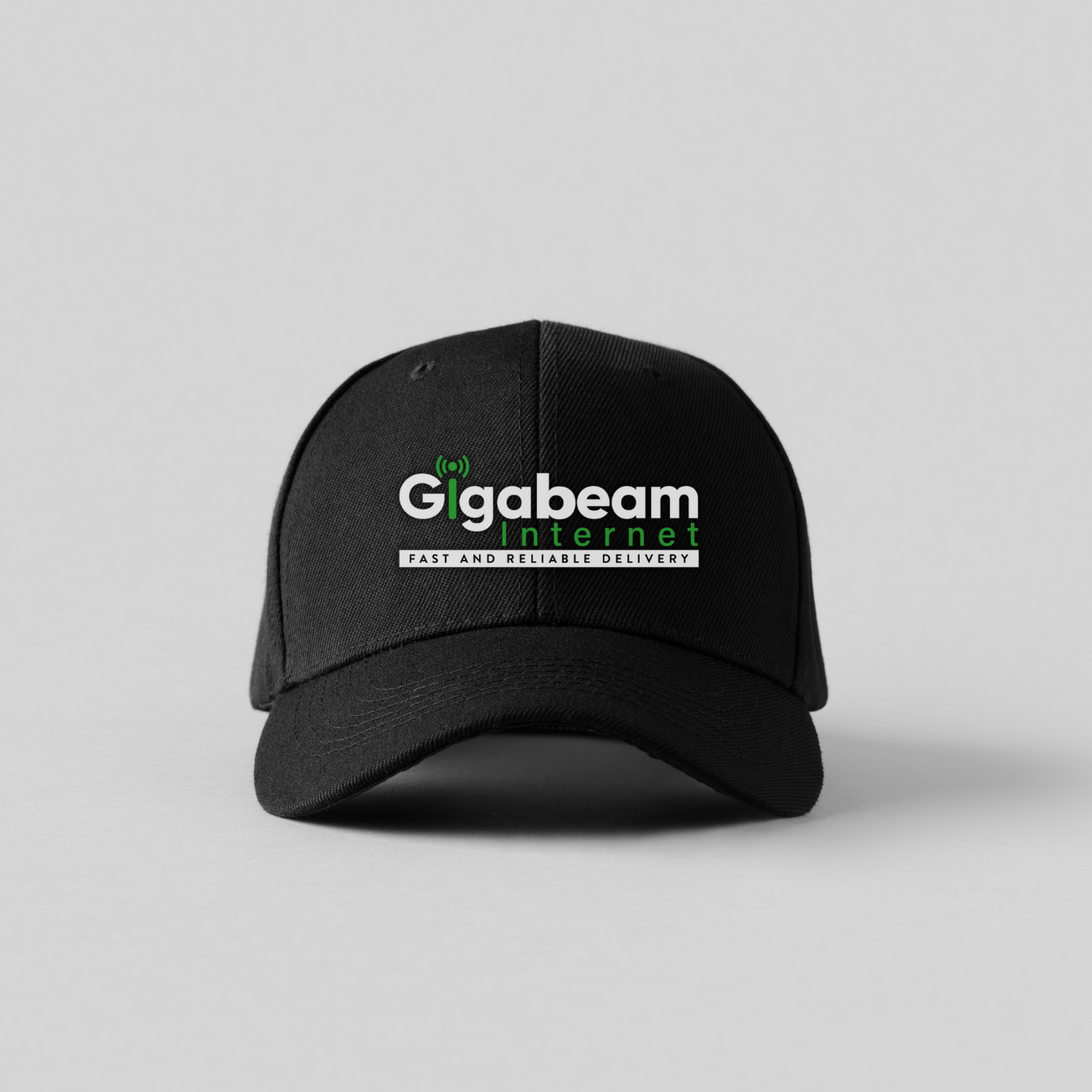 Black baseball cap with "Gigabeam Internet" logo in white and green.