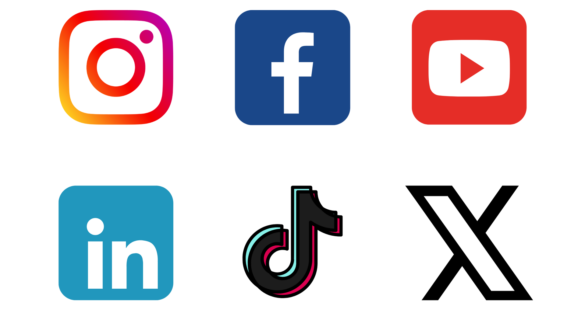 Logos of Instagram, Facebook, YouTube, LinkedIn, TikTok, and X, representing social media platforms.
