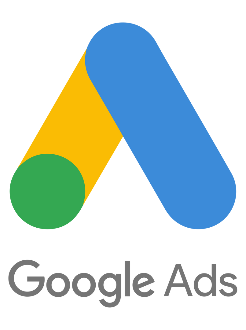 A google ads logo with a blue , yellow and green arrow
