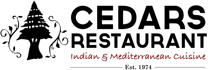 The cedars restaurant logo is black and white with a tree on it.