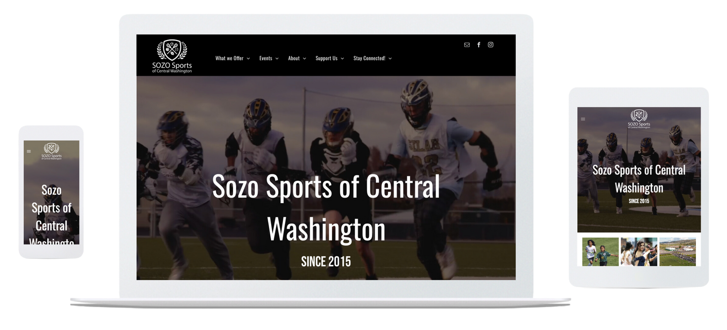 Website on laptop, tablet, and phone with football players,