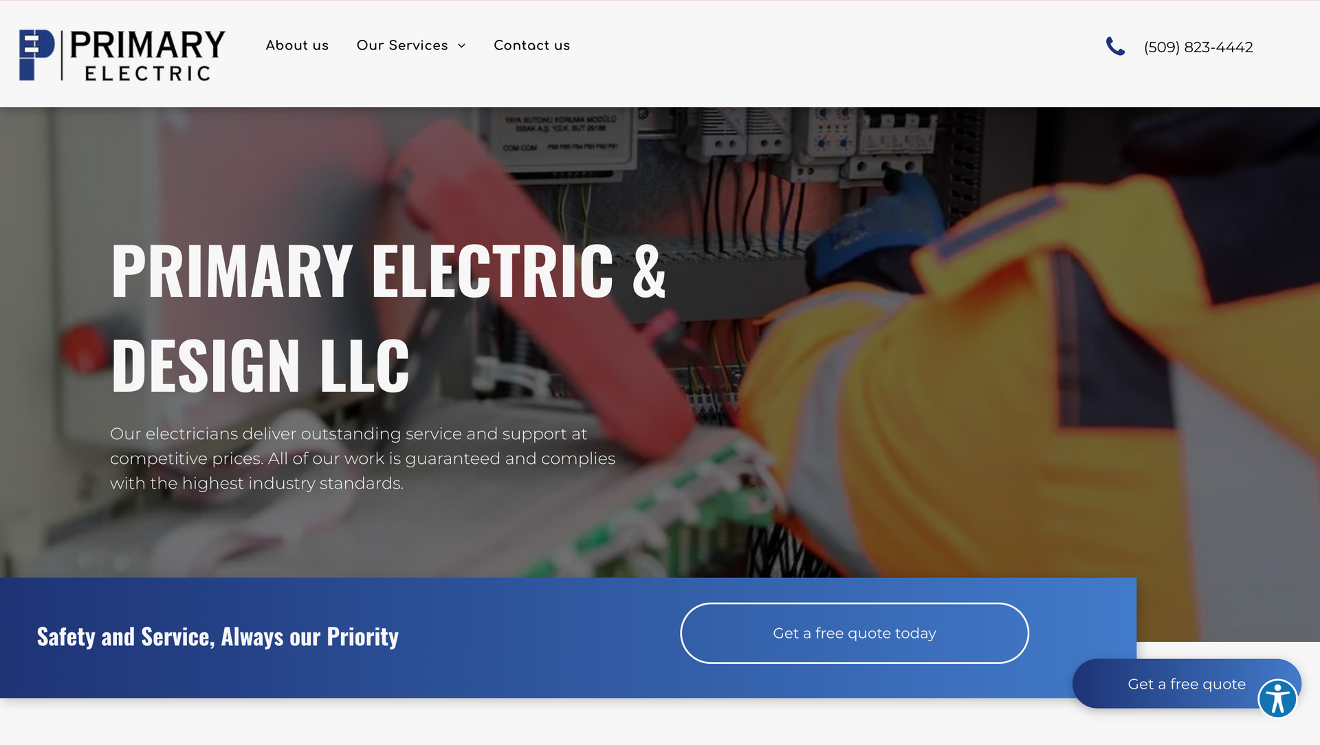 Primary Electric & Design LLC website with an electrician working on a control panel.