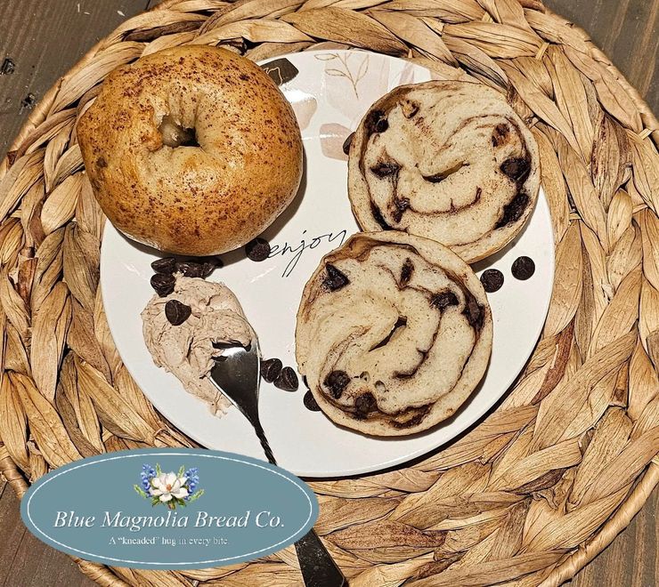 A plate of food with a logo that says blue magnolia bread co.