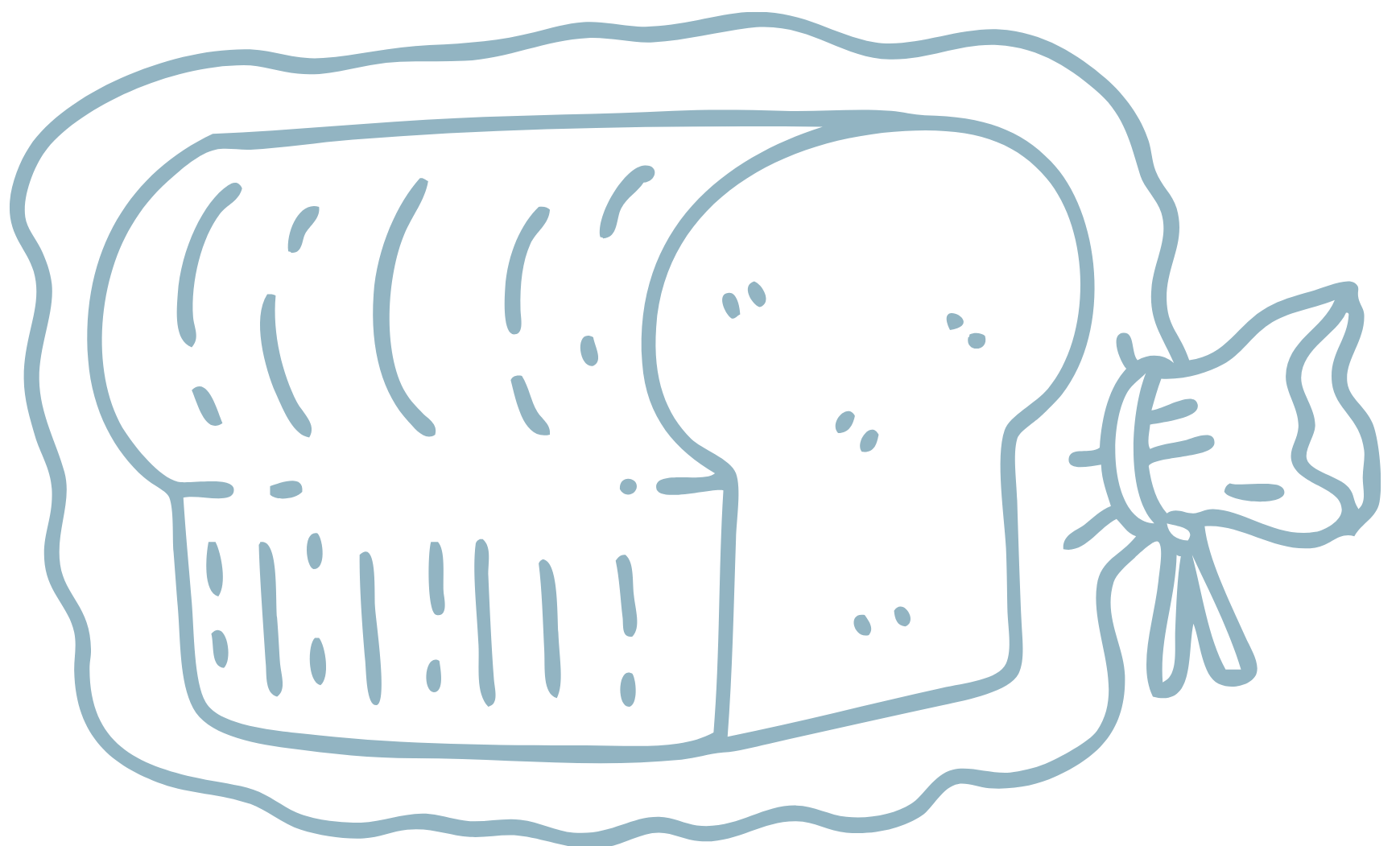 A line drawing of a loaf of sliced bread inside a transparent plastic bag tied with a twist tie.