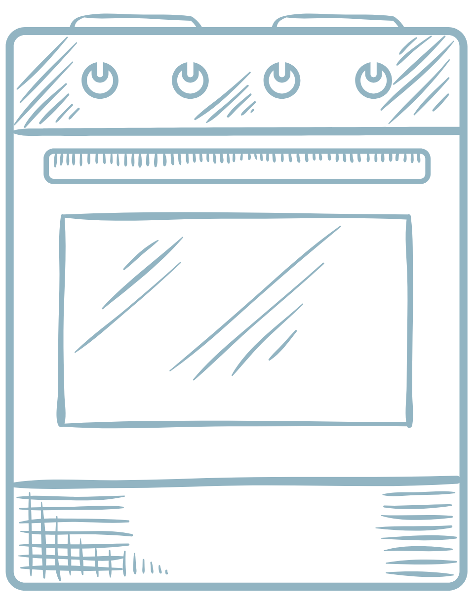 A light blue line-drawing illustration of a kitchen stove with four knobs and an oven door.
