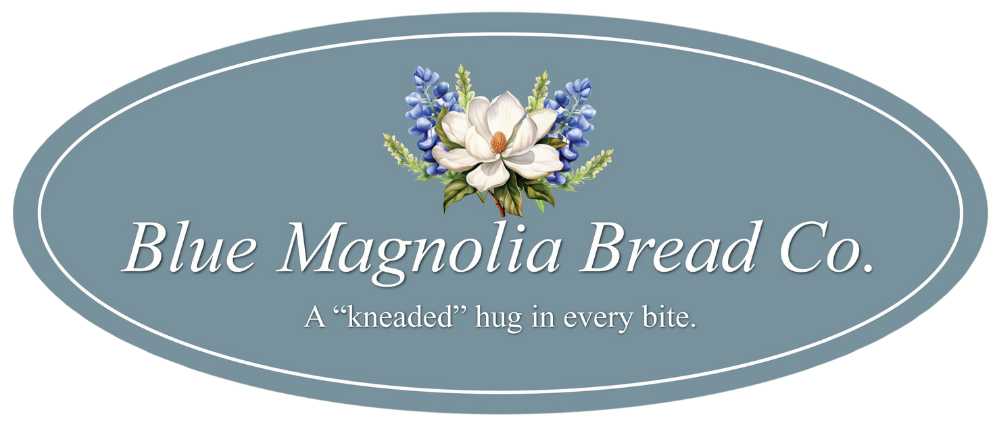 A blue oval logo for blue magnolia bread co.