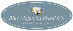A blue oval logo for blue magnolia bread co.