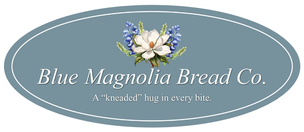 A blue oval logo for blue magnolia bread co.