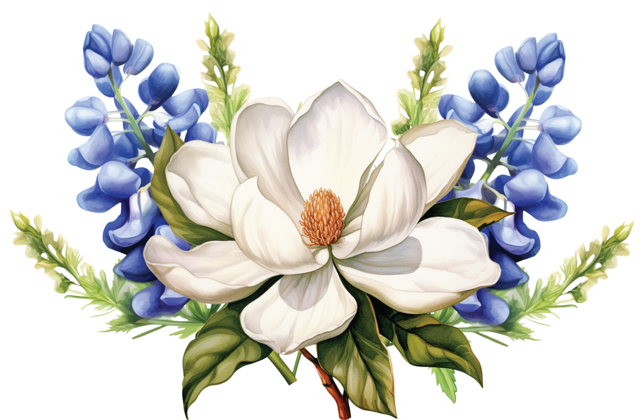 A white flower is surrounded by blue flowers on a white background.