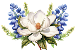 A white flower is surrounded by blue flowers on a white background.