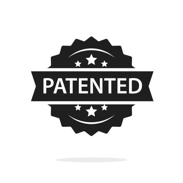 A black and white badge with the word patented on it.