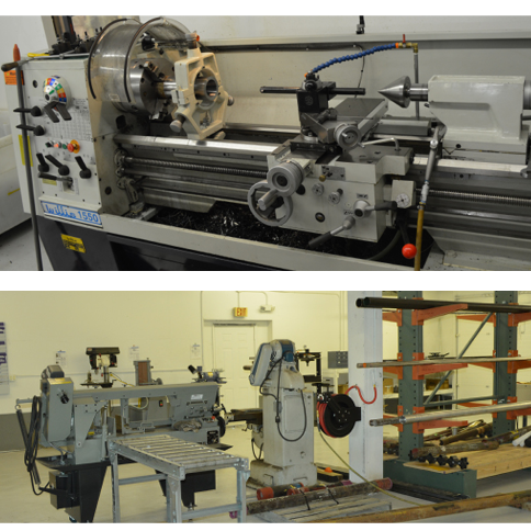 Two pictures of a lathe and a machine in a room