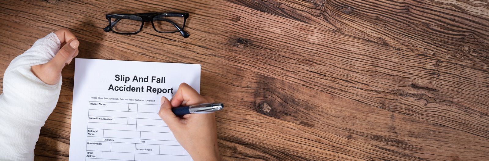 A person with a cast on their arm is writing on a piece of paper.