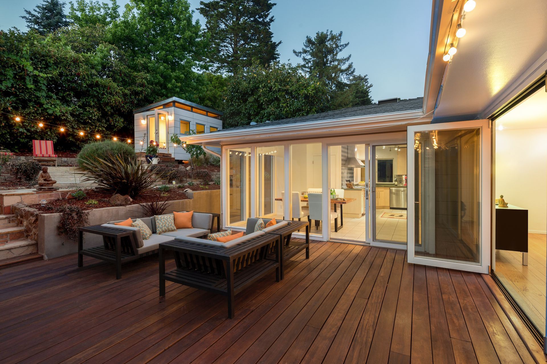 At a beautiful wooden deck at twilight. At a beautiful wooden deck at twilight.