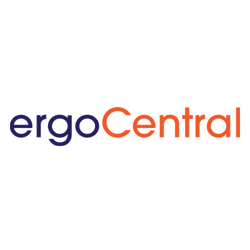 The logo for ergo central is blue and orange on a white background.