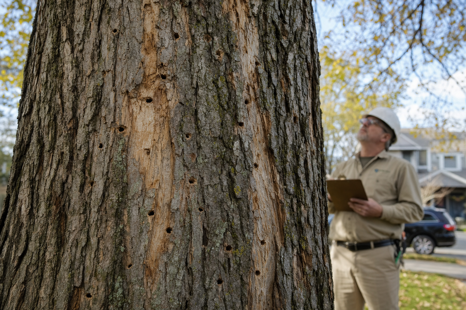 Ash tree trunk showing emerald ash borer exit holes and canopy dieback in Richmond, VA