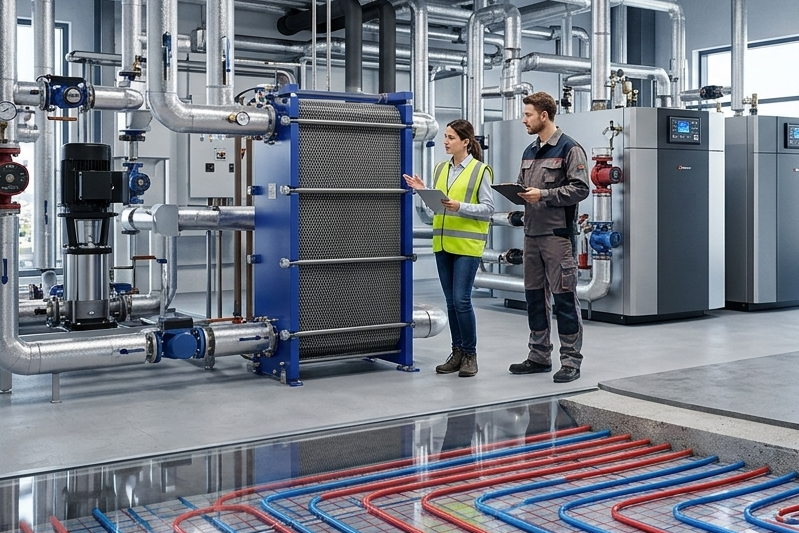 Impianto industriale con due operai intenti a ispezionare tubature