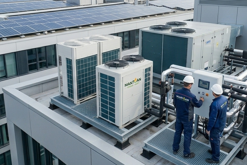Tecnici ispezionano le unità HVAC sul tetto di un edificio commerciale, sotto i pannelli solari.
