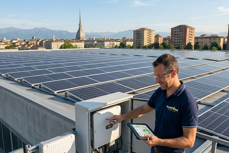 Tecnico ispeziona i pannelli solari sul tetto con un tablet, sullo sfondo lo skyline della città.