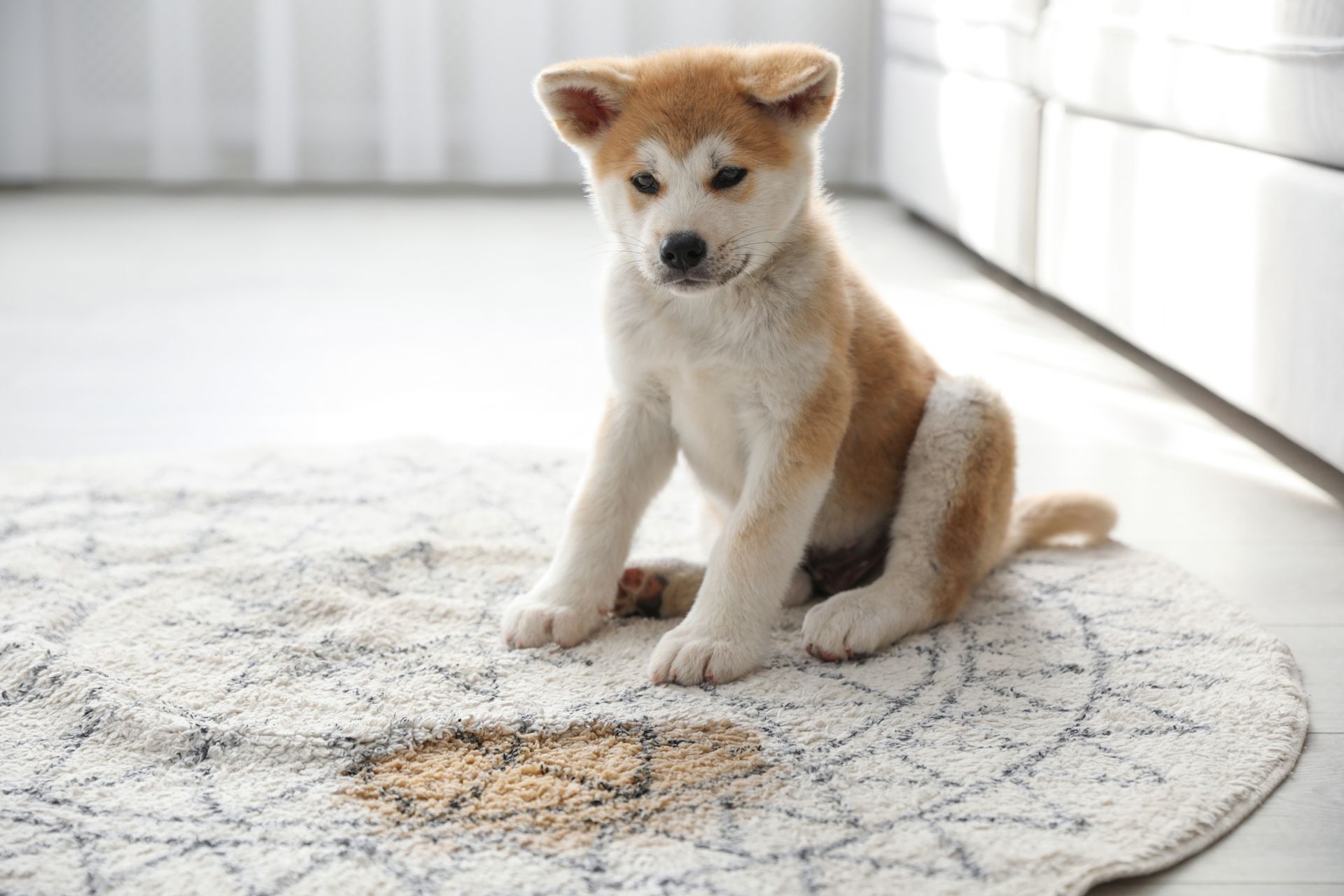 Puppy sitting on rug with urine stain. Brown and white Akita in a sunlit room.