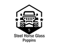 Logo of an off-road vehicle inside a hexagon, with "Steel Horse Glass Poppins" below.
