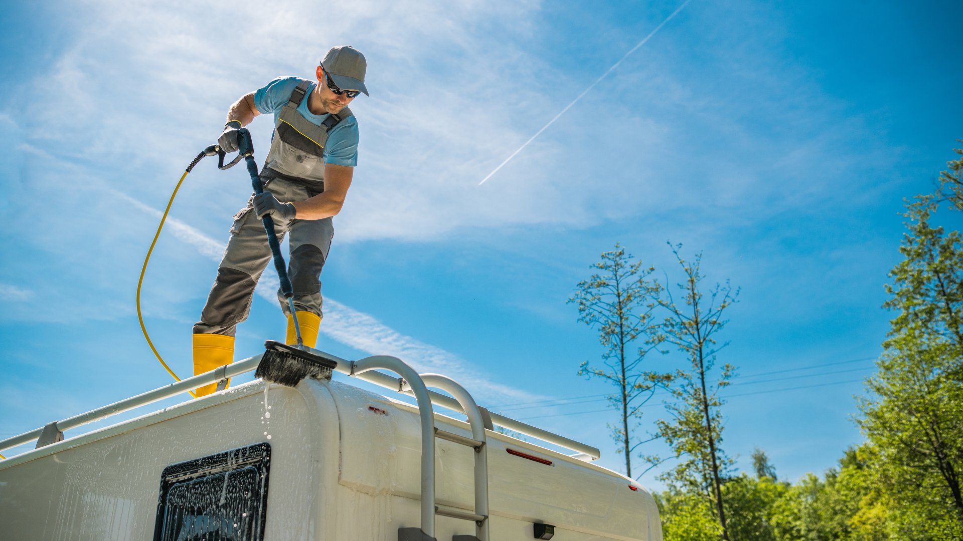 A man is cleaning the roof of a rv with a high pressure washer.