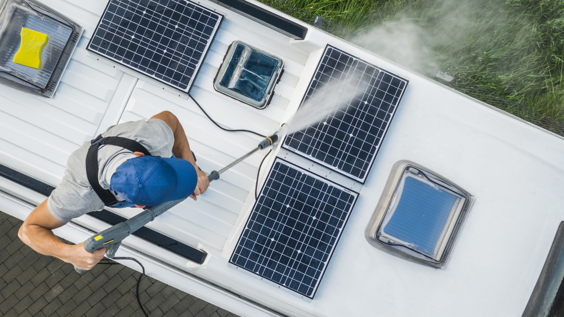 A man is cleaning solar panels on the roof of a camper van.